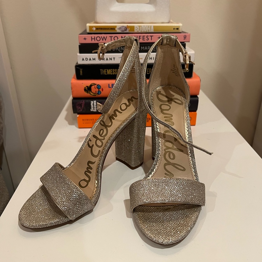 Sam Edelman Yaro Ankle Strap Block Heels,Light Gold Mesh -Size 7.